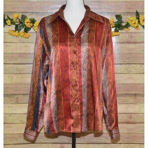 Pretty Tess Ladies L Silky Mixed Print Button Front Blouse Top Striped Floral